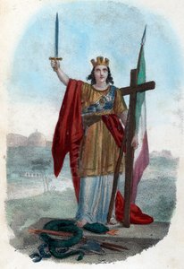 Risorgimento: A diadalmas Itália allegorikus ábrázolása a romlott templom kígyóján állva, kardot emelve kereszttel és zászlóval, a politikai, vallási és civil risorgimento szimbólumai) Frontispice tire de „” I misteri del vaticano” – Fr. alkotó: Franco Mistrali