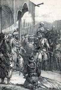 Hetedik keresztes hadjárat: IX. Lajos fogságba esett a fariskuri csatában 1250. április 6-án (hetedik keresztes hadjárat: IX. Lajos fogságba esett a fariskuri csatában, 1250. április 6.) Rajz a „Misteri del Vaticano”-ból, Franco Mistrali