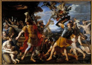 Enee és társai harcolnak a hárpiákkal, Francois Perrier festménye (1590-1650) 1646 V. 1,55x2,18 m