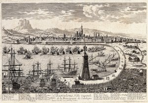 Kilátás a városra és Barcelona kikötőjére a 18. században. Metszet: Francois Antoine Aveline Barcelona, Museu d