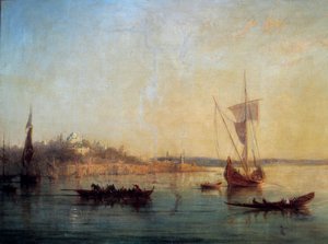 Konstantinápoly kilátása a Boszporusz bejáratától Francois Pierre Barry (1813-1905) festménye 1869 V. 0,64x1 m Marseille, Musee des Beaux Arts