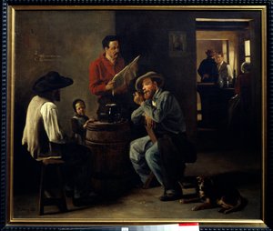 Kabaré belső Két férfi ül egy kocsmában, és hallgatja az újságolvasást. Francois Bonvin (1817-1887) festménye 1859 Arras, Musee des Beaux Arts. alkotó: François Bonvin