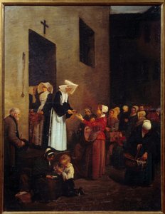 Adomány. Az apácák ételt osztanak a szegényeknek az utcán. Francois Bonvin (1817-1887) festménye