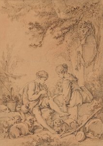 Egy fiatal pásztor, aki két fiatal pásztornőnek játszik a furulyán alkotó: François Boucher