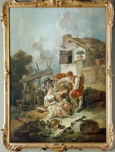 Egy férfi szőlőt kínál egy lánynak alkotó: François Boucher