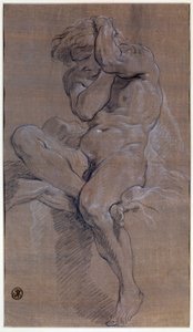 Ülő meztelen férfi akadémiája Francois Boucher (1703-1770) rajza vörös vérrel, 18. századi Párizs, Louvre Múzeum alkotó: François Boucher