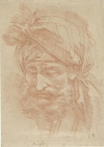 Szakállas, turbános keleti férfi feje, elölről, lefelé tekintve alkotó: François Boucher