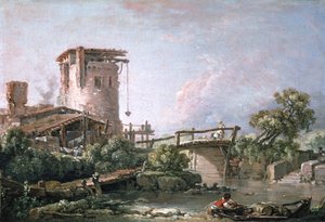 Tájkép toronnyal és híddal alkotó: François Boucher