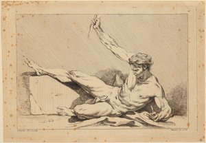 Fekvő férfi akt, a „Second livre de figures d’Académies [...]” című mű 10. lapja, amelyet részben a Királyi Akadémia tanárai metszettek” alkotó: François Boucher