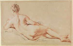 Fekvő női akt, bal karjára támaszkodva, háttal nézve alkotó: François Boucher