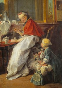 Anya és lánya. A „” Reggeli” részlete”. Egy lány és a babái nézik, ahogy édesanyja forró csokit iszik. Francois Boucher festménye (1703-1770) alkotó: François Boucher