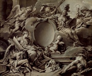 Kartus-terv: Minerva, a Hírnév, a Történelem és a Hit allegóriája, amint legyőzik a tudatlanságot és az időt alkotó: François Boucher