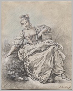 Ülő nő, aki egy madárketrecet tart a kezében alkotó: François Boucher