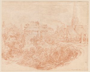 Kilátás a falusi épületekre és a templom tornyára alkotó: François Boucher