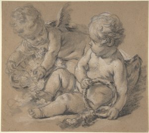 Virágokkal díszített szárnyas puttók alkotó: François Boucher