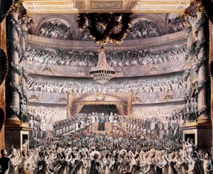 XVIII. Lajos (1755-1824) részt vesz az Odeon színházában a párizsi nemzeti gárda 1819-es partiján Francois Buffet rajza (1789-1843) V. 36x44 cm Versailles, musee du chateau alkotó: Francois Buffet