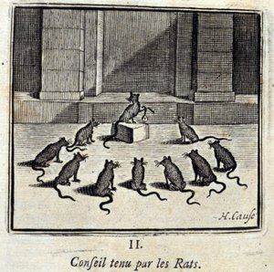 A Patkányok testülete. Jean de La Fontaine (1621-95) meséi. Illusztráció: Francois Chauveau (1613-1676). 1728-as kiadás. alkotó: Francois Chauveau