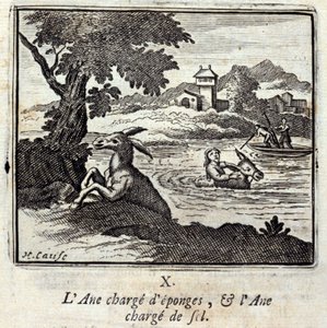 Szamárra sok szivacs, és szamárra sok só. Jean de La Fontaine (1621-95) meséi. Illusztráció: François Chauveau (1613-1676). 1728-as kiadás. alkotó: Francois Chauveau