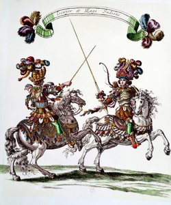 Indiai Ecuyer és oldal a körhinta során, amelyet XIV. Lajos király (1638-1715) adott 1662-ben a Tuileriáknak, hogy megünnepeljék a Dauphin születését. Francois Chauveau (1613-1676) metsze 17. századi magángyűjtemény