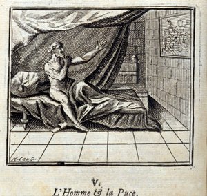 Az ember és a bolha. Jean de La Fontaine (1621-95) meséi. Illusztráció: Francois Chauveau (1613-1676). 1728-as kiadás. alkotó: Francois Chauveau