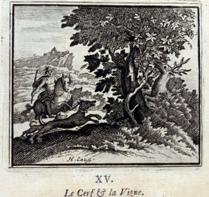 A szarvas és a szőlő. Jean de La Fontaine (1621-95) meséi. Illusztráció: François Chauveau (1613-1676). 1728-as kiadás. alkotó: Francois Chauveau