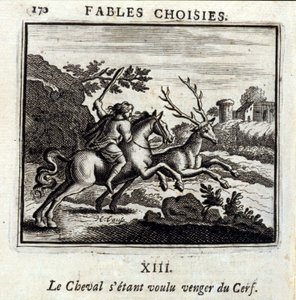 A Ló bosszút akart állni a Szarvasért. Jean de La Fontaine (1621-95) meséi. Illusztráció: Francois Chauveau (1613-1676). 1728-as kiadás. alkotó: Francois Chauveau