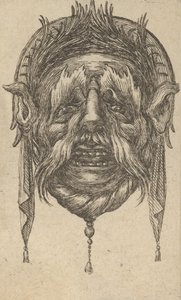 Maszk hosszú szemöldökkel és bajusszal és fejdísz lógó ruhával, a Dive...-től, kb. 1635-45. alkotó: Francois Chauveau