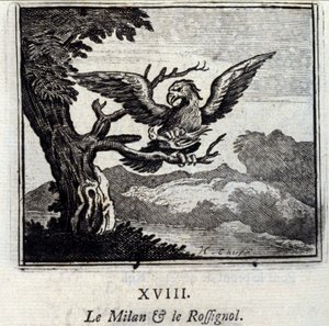 Milánó és a Nightingale. Jean de La Fontaine (1621-95) meséi. Illusztráció: Francois Chauveau (1613-1676). 1728-as kiadás. alkotó: Francois Chauveau