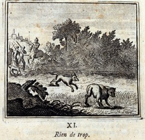 Semmi túl sok. Jean de La Fontaine (1621-95) meséi. Illusztráció: Francois Chauveau (1613-1676). 1728-as kiadás. alkotó: Francois Chauveau