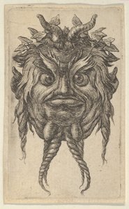 Borostyánkoszorút viselő szatírmaszk szarvakkal és sodrott szakállal, a Divers Masque...-tól, kb. 1635-45. alkotó: Francois Chauveau