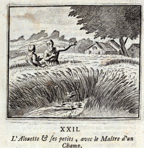 Az Alouette és kicsinyei a mezőmesterrel. Jean de La Fontaine (1621-95) meséi. François Chauveau (1613-1676) illusztrációja. 1728-as kiadás.