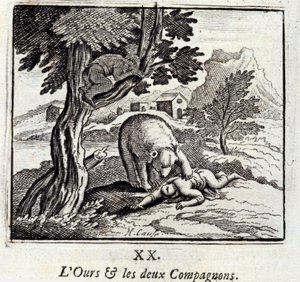 A medve és a két társ. Jean de La Fontaine (1621-95) meséi. Illusztráció: François Chauveau (1613-1676). 1728-as kiadás. alkotó: Francois Chauveau
