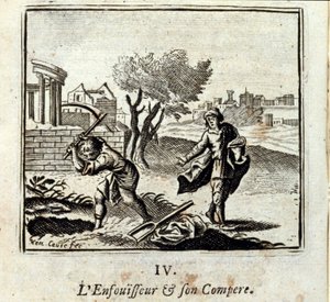 A Burner és a Compere. Jean de La Fontaine (1621-95) meséi. Illusztráció: Francois Chauveau (1613-1676). 1728-as kiadás. alkotó: Francois Chauveau