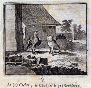 A Cochet a macska és az egér. Jean de La Fontaine (1621-95) meséi. Illusztráció: François Chauveau (1613-1676). 1728-as kiadás. alkotó: Francois Chauveau