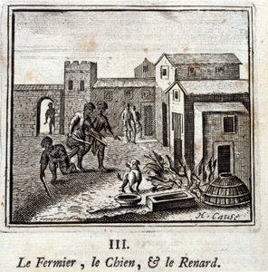 A gazda, a kutya és a róka. Jean de La Fontaine (1621-95) meséi. Illusztráció: François Chauveau (1613-1676). 1728-as kiadás. alkotó: Francois Chauveau