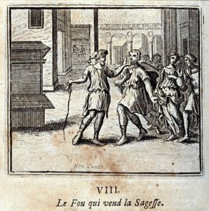 A Fou, aki eladja a bölcsességet. Jean de La Fontaine (1621-95) meséi. Illusztráció: Francois Chauveau (1613-1676). 1728-as kiadás. alkotó: Francois Chauveau