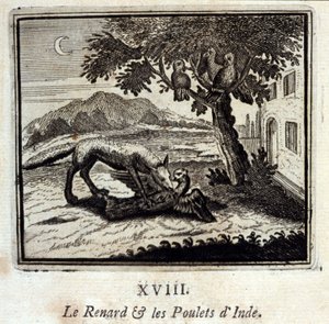 A róka és a csirkék Indiában. Jean de La Fontaine (1621-95) meséi. Illusztráció: François Chauveau (1613-1676). 1728-as kiadás. alkotó: Francois Chauveau