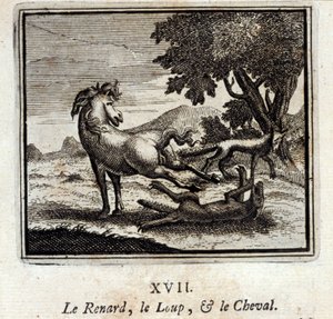 A róka, a farkas és a ló. Jean de La Fontaine (1621-95) meséi. Illusztráció: François Chauveau (1613-1676). 1728-as kiadás.