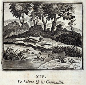 A nyúl és a békák. Jean de La Fontaine (1621-95) meséi. Illusztráció: Francois Chauveau (1613-1676). 1728-as kiadás. alkotó: Francois Chauveau
