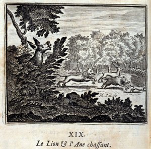 Az oroszlán és a szamár vadászata. Jean de La Fontaine (1621-95) meséi. Illusztráció: François Chauveau (1613-1676). 1728-as kiadás. alkotó: Francois Chauveau