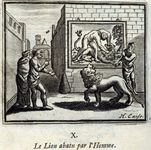 Az Oroszlánt lelőtte az Ember. Jean de La Fontaine (1621-95) meséi. Illusztráció: François Chauveau (1613-1676). 1728-as kiadás. alkotó: Francois Chauveau