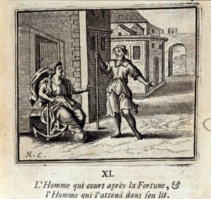 A Férfi, aki a Szerencse után fut, és a Férfi, aki az ágyban várja őt. Jean de La Fontaine (1621-95) meséi. Illusztráció: François Chauveau (1613-1676). 1728-as kiadás. alkotó: Francois Chauveau