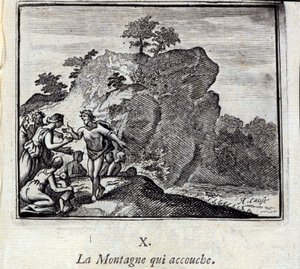 A hegy szülése. Jean de La Fontaine (1621-95) meséi. Illusztráció: Francois Chauveau (1613-1676). 1728-as kiadás. alkotó: Francois Chauveau