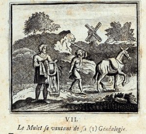 A Mullet a genealógiájával kérkedik. Jean de La Fontaine (1621-95) meséi. Illusztráció: François Chauveau (1613-1676). 1728-as kiadás. alkotó: Francois Chauveau