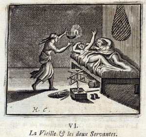 Az öreg hölgy és a két szolga. Jean de La Fontaine (1621-95) meséi. Illusztráció: François Chauveau (1613-1676). 1728-as kiadás. alkotó: Francois Chauveau