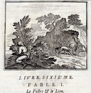 A Pátra és az Oroszlán. Jean de La Fontaine (1621-95) meséi. Illusztráció: François Chauveau (1613-1676). 1728-as kiadás. alkotó: Francois Chauveau