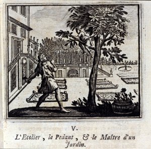 A pedáns iskola és a kert ura. Jean de La Fontaine (1621-95) meséi. Illusztráció: François Chauveau (1613-1676). 1728-as kiadás. alkotó: Francois Chauveau