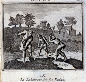 A Ploureur és gyermekei. Jean de La Fontaine (1621-95) meséi. Illusztráció: Francois Chauveau (1613-1676). 1728-as kiadás. alkotó: Francois Chauveau