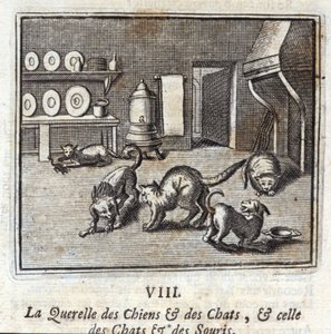 A Kutyák és Macskák Querelle, valamint a Macskák és Egerek Querelle. Jean de La Fontaine (1621-95) meséi. Illusztráció: François Chauveau (1613-1676). 1728-as kiadás. alkotó: Francois Chauveau
