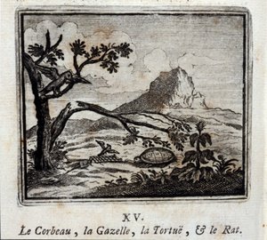 A holló, a gazella, a teknős és a patkány. Jean de La Fontaine (1621-95) meséi. Illusztráció: François Chauveau (1613-1676). 1728-as kiadás.